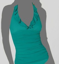  198 Lauren Ralph Lauren Women's Green Stretch Ruffled V-Neck Swim Tankini Top 8