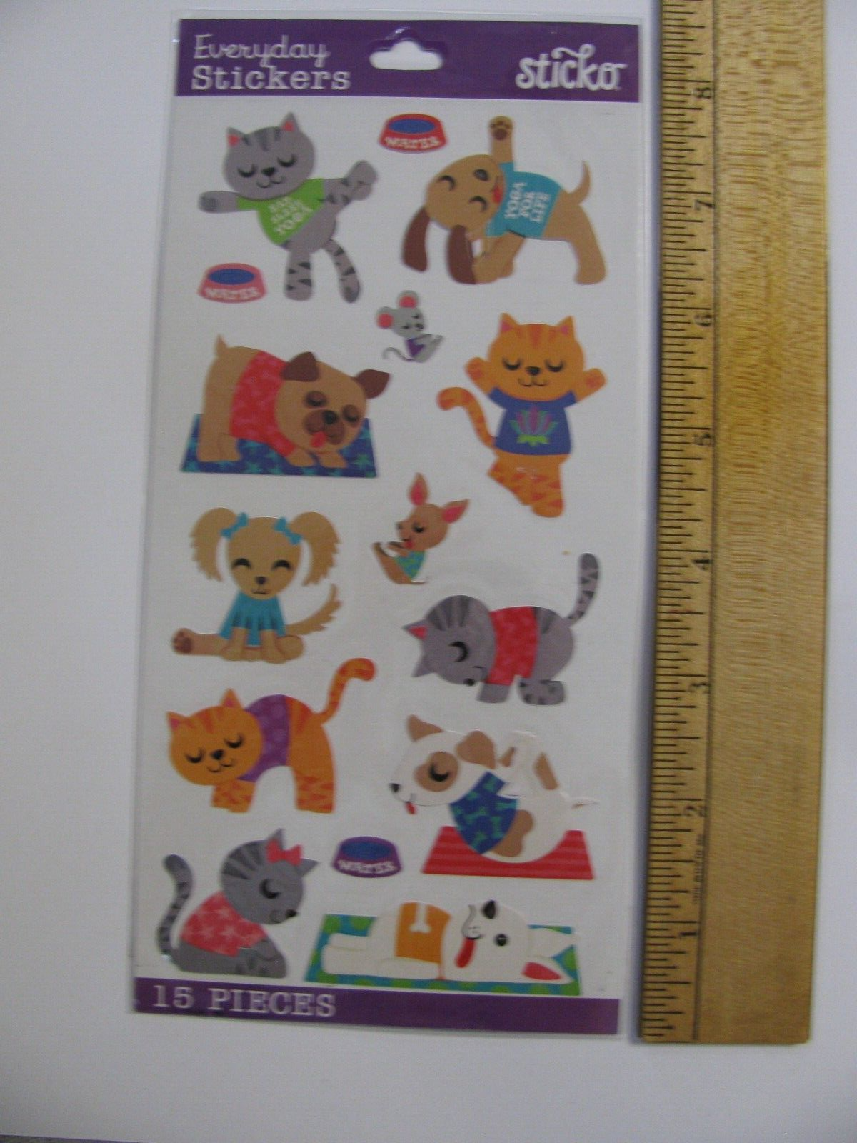 Sticko Stickers YOGA ANIMALS Dogs Cats Mouse Yoga Poses 15 Pieces NOS