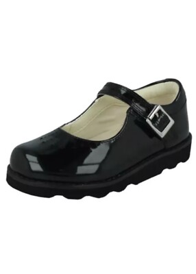 Clarks Crown Jump Girls Black Patent Leather Shoes UK Size H