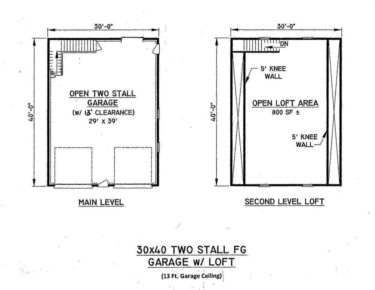 Plans De Construction Garage 30x40 Avec 2 Stalles, Plafond 13 Pieds Et Loft Complet - Fabriqué Aux USA