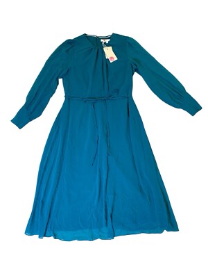 Boden Turquoise Alba Semi-Fitted Midi Dress Chiffon Fabric, Lined, NWT New 10R