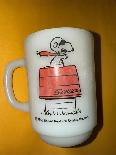 Vintage Fire King Snoopy Peanuts Coffee Mug Curse You Red Baron Milk Glass Cup