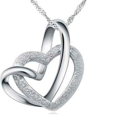 Women Sterling Silver Love Double Heart Pendant Necklace 18'' Chain Gift Box B18