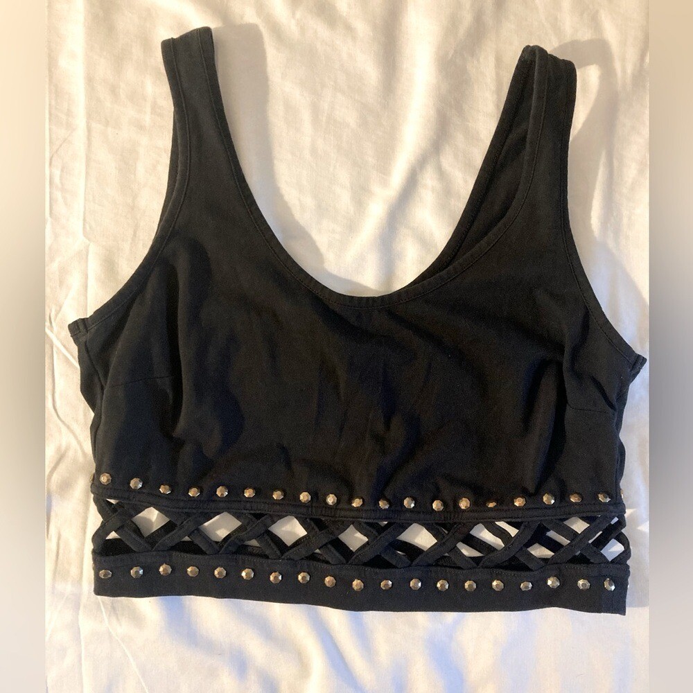 2B Black Studded Womens Medium Crop Top with Edgy Details  