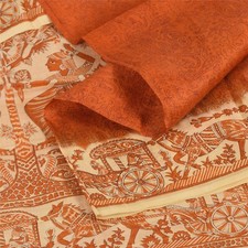 Sanskriti Vintage Sarees Orange Human Printed Pure Silk Sari 5 Yd Craft Fabric