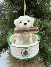 SPODE Christmas Tree Puppy Dog In Basket Gold Newspaper 3" Porcelain Ornament