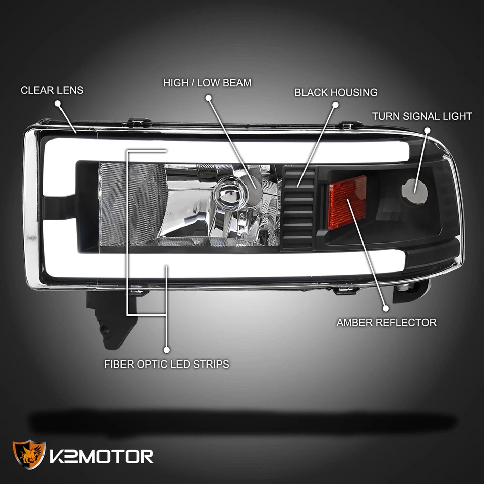 Fits 1994-2001 Dodge Ram 1500 2500 3500 Black LED Tube Headlights Left+Right Foto 3 de 4