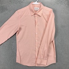 Calvin Klein Shirt Button Up Mens Medium Peach Striped Non Iron Slim Fit Cotton