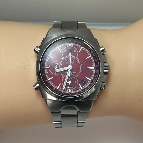 Vintage Seiko Chronograph 7T32 Qz SS Red Dial Date Alarm Men’s Watch Japan#035B