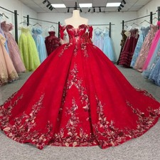 Red Shiny Quinceanera Dresses Off The Shoulder Applique Lace Beads Tull