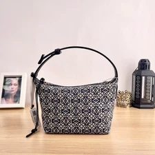 Authentic LOEWE Anagram Jacquard Cubi Bag Brown Navy Blue & Cream