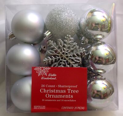 BEAUTIFUL! ASSORTMENT OF 16 SILVER CHRISTMAS ORNAMENTS AND 10 SNOWFLAKES NEW