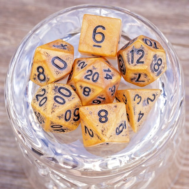 Sage's Ancient Golden Stone Black Ink Acrylic Polyhedral Dice Set