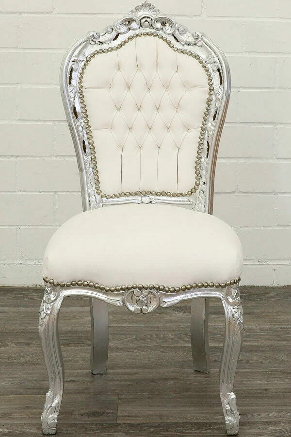 Poltrona Sedia FOGLIA ARGENTO tessuto eco-pelle bianco stile barocco SILVER oro - Immagine 3 di 4