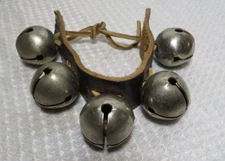 Antique Sleigh Bells Five Metal Bell Christmas Horse Rump Petal Leather Strap