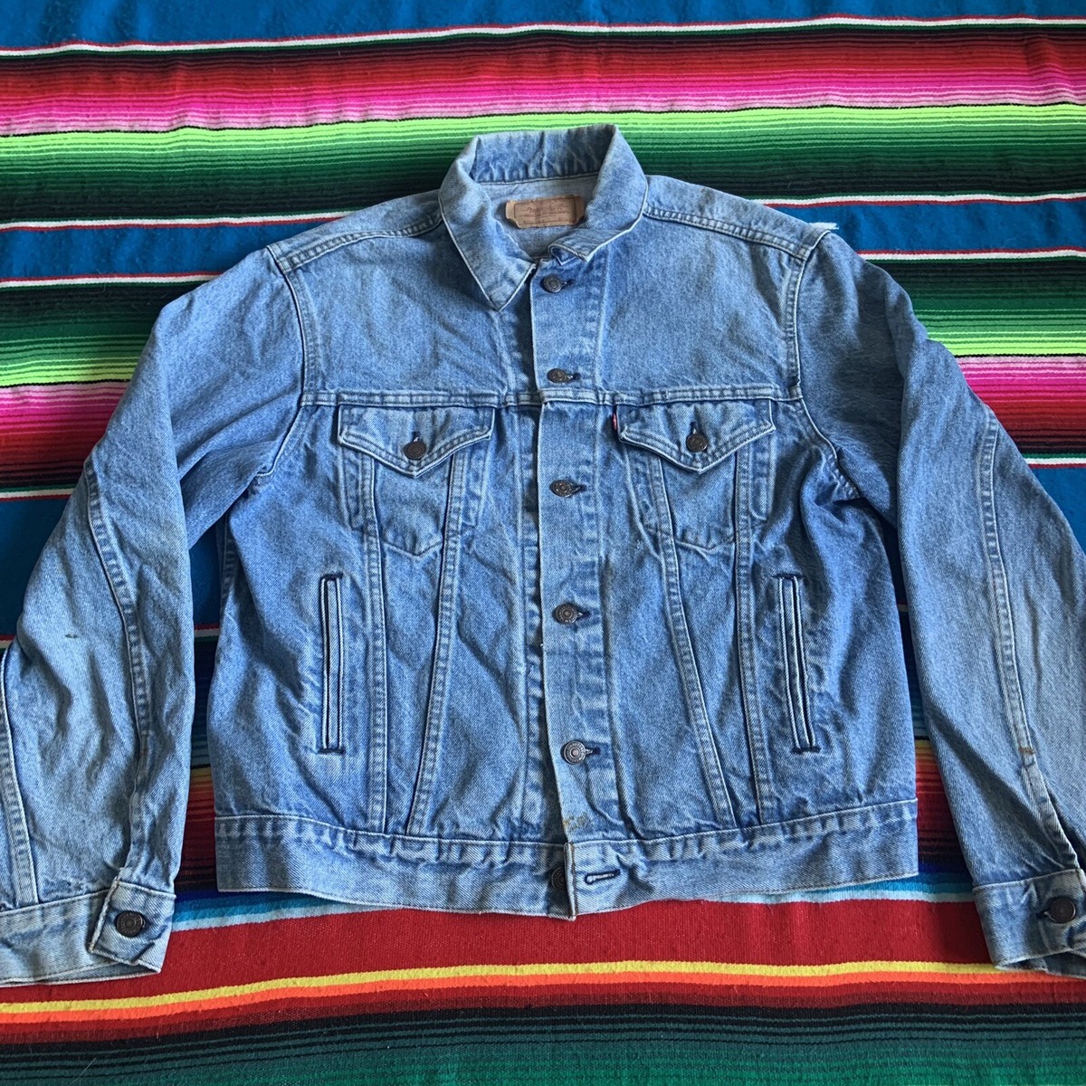 Vintage 80s Levis Blue Denim Trucker Jacket Made In USA Size 44R