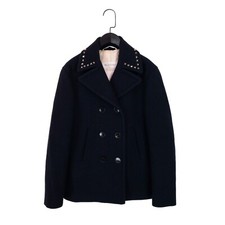 Valentino Navy Wool Felt Stud Collar Double Breast Pea Coat - Uk 8 / It 40