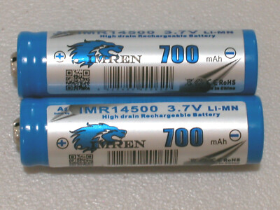 2 BUTTON TOP IMREN  IMR 14500 Li-Mn 700maH HIGH DRAIN Rechargeable Battery 3.7V 