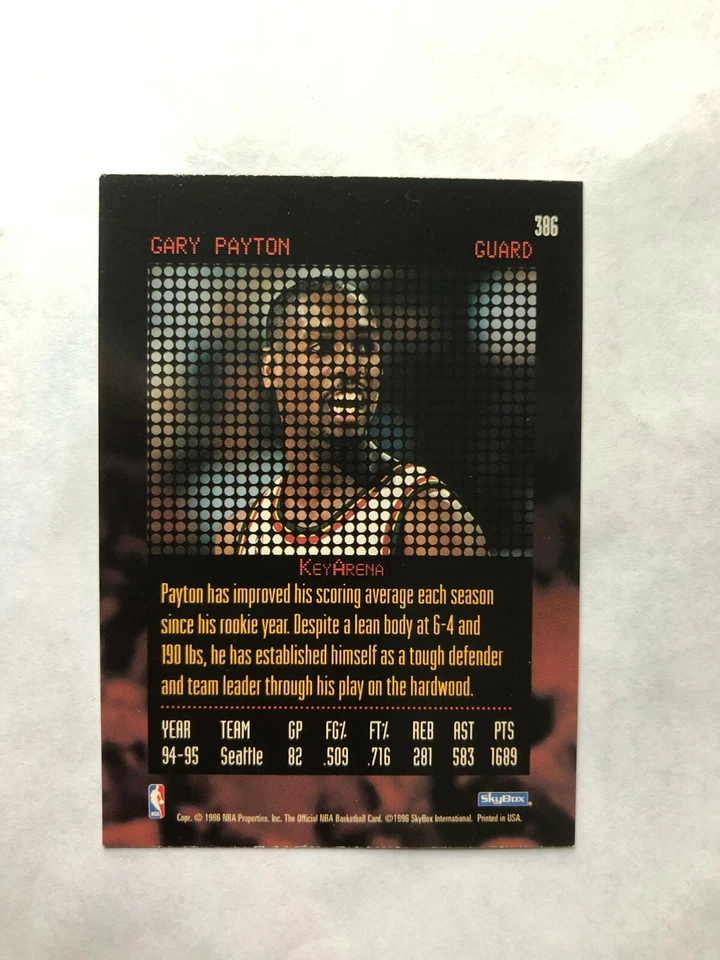 1996 GARY PAYTON SkyBox Basketball Card # 386 Made in USA - Image 4 of 4