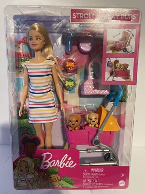 Barbie Stroll N Play Pups Playset Blonde Doll Pets Stroller New