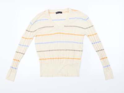 Marks and Spencer Damen Pullover Beige V-Ausschnitt Gestreift Viskosemischung Größe S