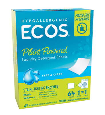 ECOS Laundry Detergent Sheets with Stain Fighting Enzymes, Free & Clear, 64 ct