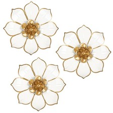 Set of 3 White Gold Metal Flower Wall Decor, 10" Rustic Modern Sculpture