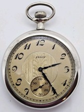 Antique Working 1924 ELGIN 387 Gents Nickel Silver 17J Art Deco Pocket Watch 16s
