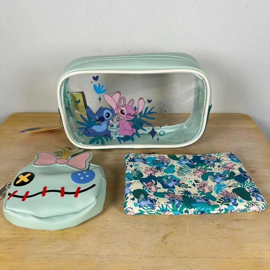 Disney 3 Piece Cosmetic Toiletry Travel Bag Set Stitch Angel Scrump Pouch NWT