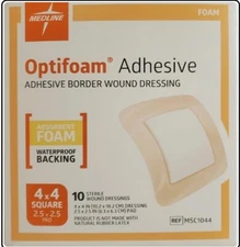 BOX OF 10 MEDLINE OPTIFOAM ADHESIVE STERILE WOUND DRESSINGS 4" x 4" MSC1044 2028