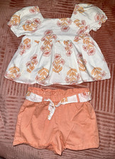Joie Girls Outfit 2pc Set 5 White Floral Short Sleeve Top Peach Shorts Cotton