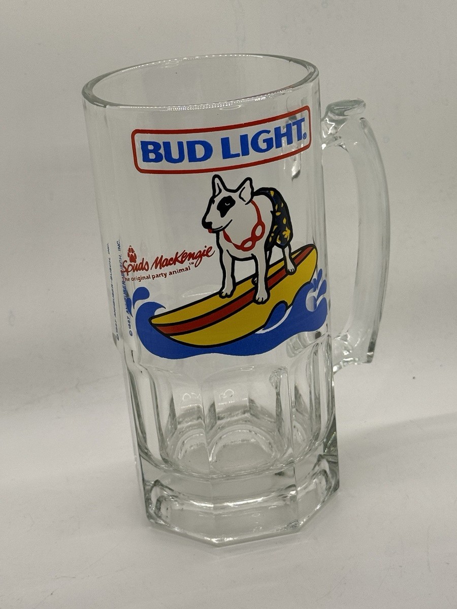 Vintage Bud Light Spuds Mackenzie Surfing Dog Beer Mug Glass 44 oz