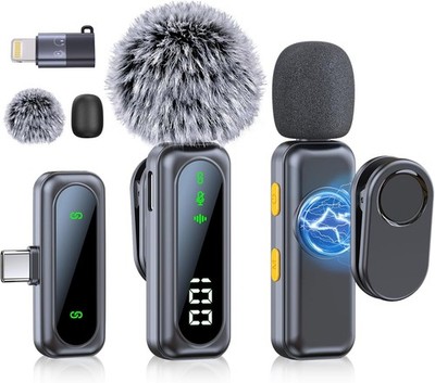 Wireless Microphone Mini Mic for iPhone/Android Phone, LED Display Lavalier Micr