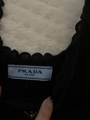 PRADA Black Lace Trim Logo Scoop Neck Sleeveless Tank Top Women's