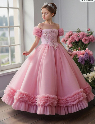 Vestido  rosa con volantes de tul Elegante Para Niña
