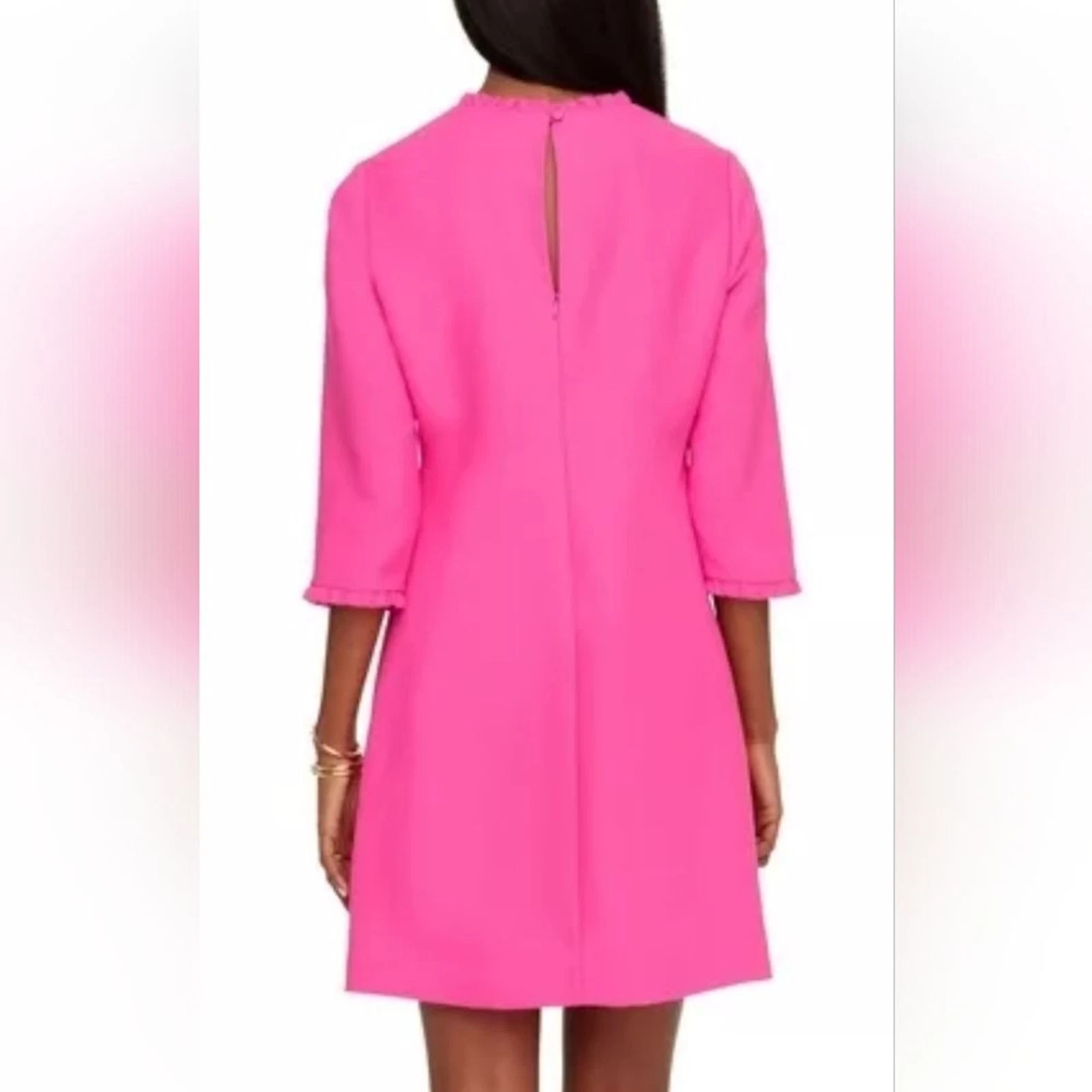 Mini abito Kate Spade New York rosa caldo vertiginoso collo arricciato maniche lunghe 3 4