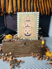 VINTAGE PRIMITIVE FOLK ART VICTORIAN STYLE HALLOWEEN STACKED 3 PUMPKINS SIGN