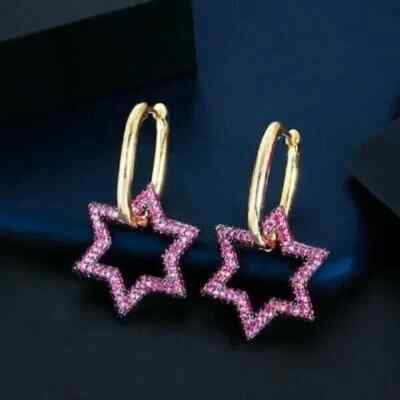 Star Hoop Dangle Earrings Ct Round Simulated Pink Sapphire 925