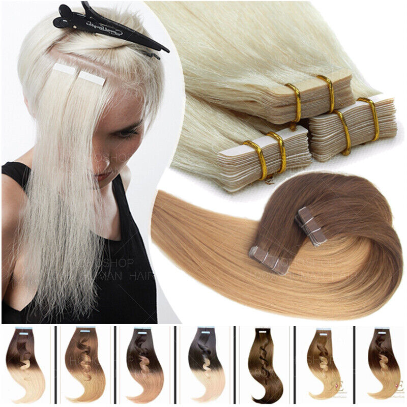 Skin Weft Tape In 100% Remy Human Hair Extensions White Blonde Ombre  20/40/60Pcs | eBay