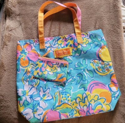 Lilly Pulitzer Estee Lauder Pink Blue Floral Print Tote Bag  display picture 3