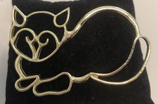 Cat Pin Brooch Gold Tone Outline Metal Big Statement Huge Cute Scarf Pin