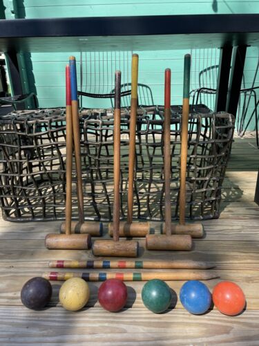 Vintage Croquet Set Wooden Mallets Balls Stakes Outdoor Lawn Yard Game - Picture 1 of 17
