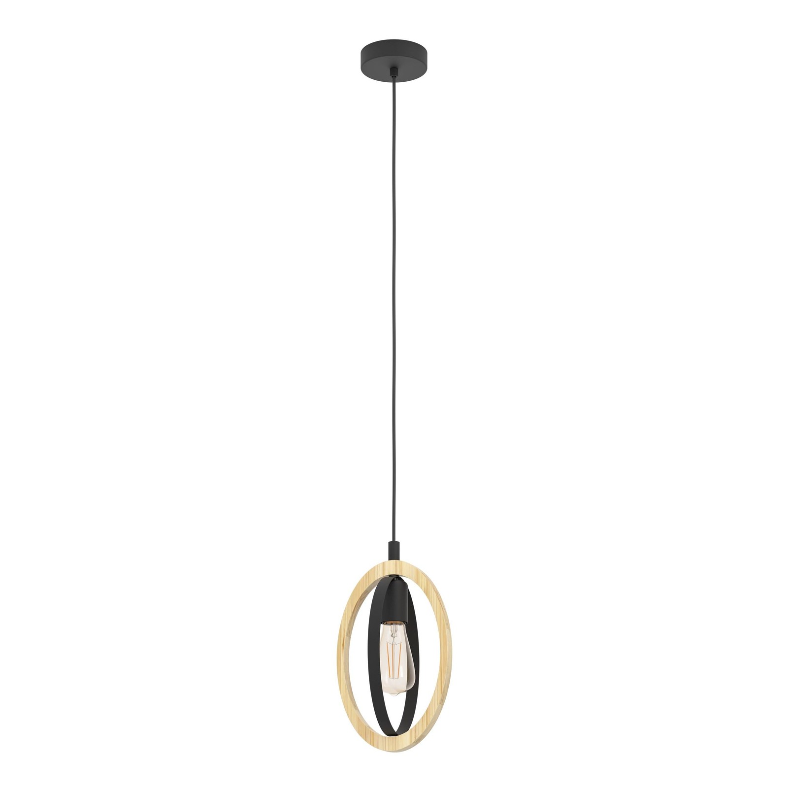 Suspension Basildon en métal noir et bois de style industriel rétro à 1 flamme
