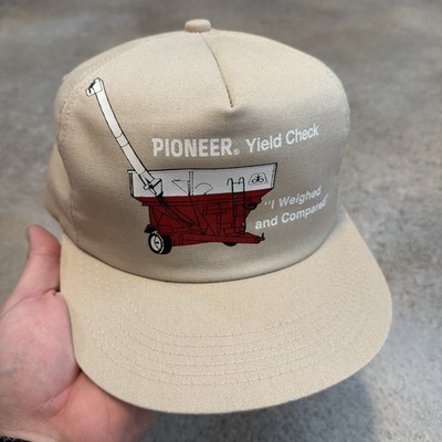 Vintage 90s Pioneer Yield Check SnapBack Hat Cap K Products Tan Farm Agriculture