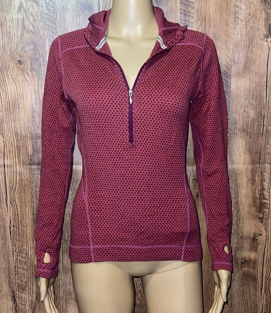 Smartwool Merino Wool Base Layer 1/2 Zip Hoodie Red Polka Dot Women's Size S