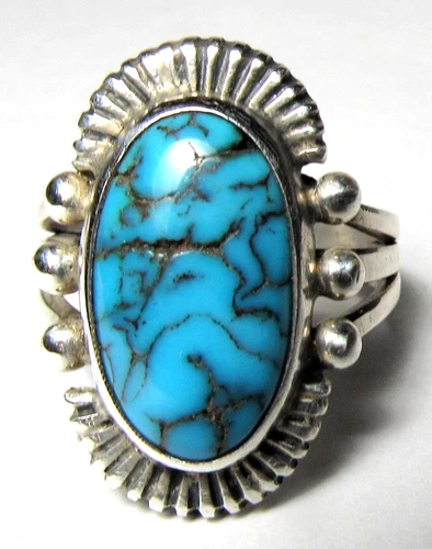 Navajo SMOKEY Bisbee Turquoise Sterling Silver Ring NATIVE AMERICAN Size 8.5
