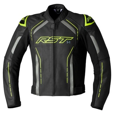 RST S1 CE Motorbike Motorcycle Leather Jacket Black / Grey / Fluo Yellow