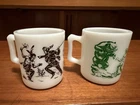 Hazel Atlas 1950s Milk Glass~ 3" Mug Cup~ Davy Crockett~ 6 OZ ~Vintage ~Set Of 2