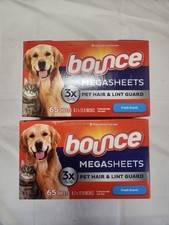 Bounce Mega Dryer Sheets with 3X Pet Hair Fighters, 65 Count, 2 Pack fresh scent