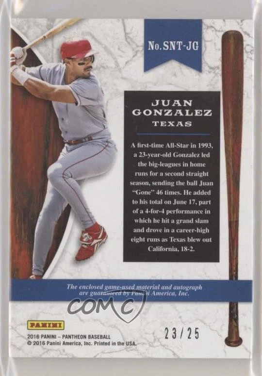 2016 Panini Pantheon Scripted Noble Timber Gold /25 Juan Gonzalez #SNT-JG Auto - Image 2 of 2